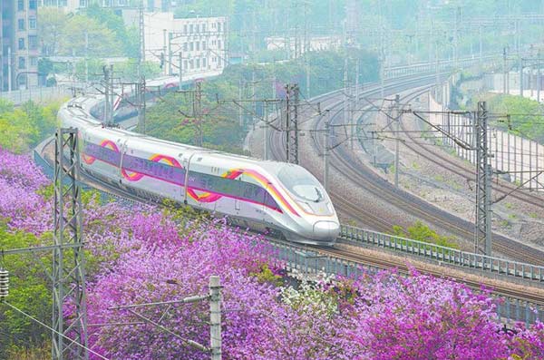 列車(chē)穿梭在春日盛景中
